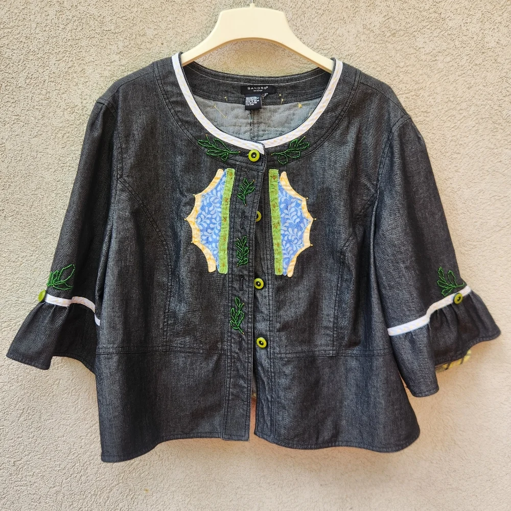 SANDRO Sportswear Women's Jacket Large Black Floral Applique Artsy Boho Peplum - Picture 2 of 12